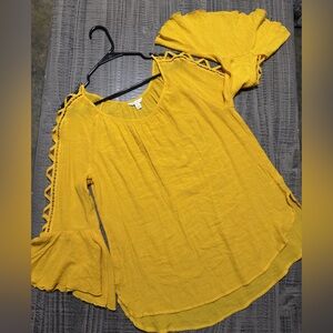 Mustard Yellow Crochet-Trim Flutter Sleeve Tunic